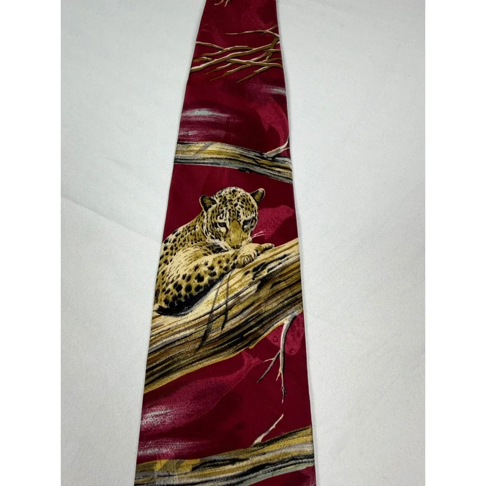 Endangered Species Mens Silk Tie Leopard Print Burgundy Red Made in USA 90's